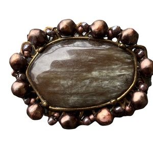 Vintage Artisan Gothic Handwired Green/Grey Stone Copper Pearl Bronze Brooch
